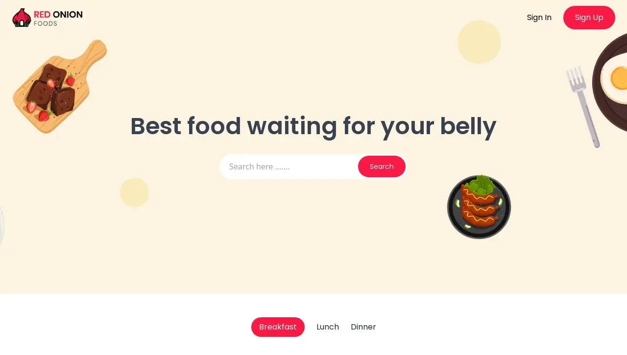 A single page restaurant app where people are able to select food in their cart and checkout the cart with their information. screenshot 1